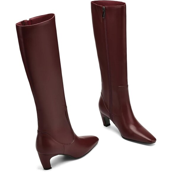 ⚡Women Faux Leather Burgundy Square Toe Chunky Block Heels Side Zipper Boots - Picture 3 of 5